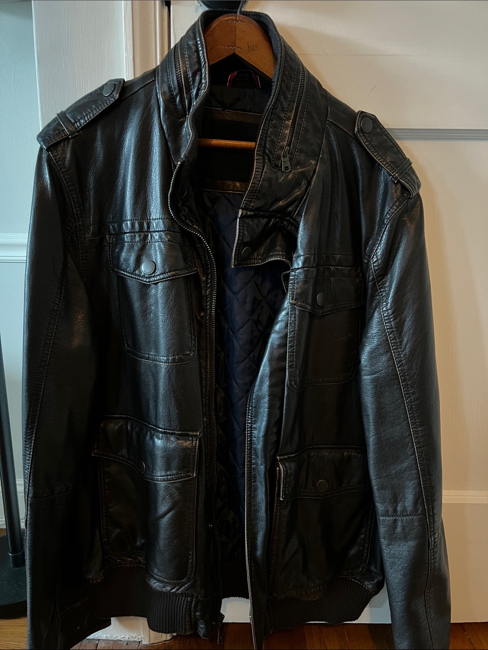 Tommy Hilfiger Faux Leather Black/Brown Quilted-Lined Jacket